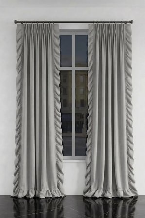 Rüzgar Gülü Desenli Gri Keten Fon Perde – 2 Panel Amerikan 1x2 Pile (Double Pinch Pleat)