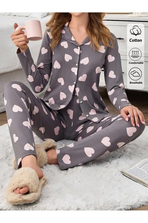 İçi Pamuklu Düğmeli Kadın Pijama Takımı Lohusa- Rahat Kesim Desenli Homewear Milan Kumaş