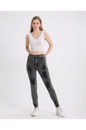 Kadın Yüksek Bel Power Likralı Mom Jean Gri / 38