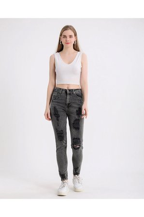 Kadın Yüksek Bel Power Likralı Mom Jean Gri / 38