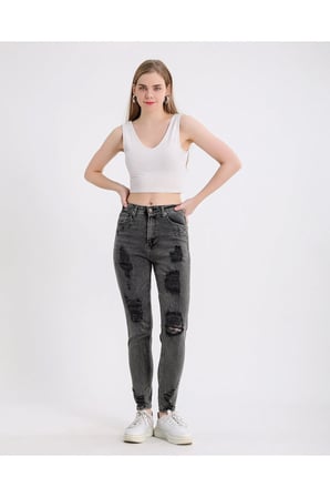 Kadın Yüksek Bel Power Likralı Mom Jean Gri / 34