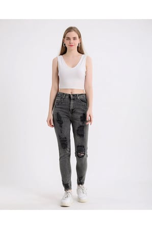 Kadın Yüksek Bel Power Likralı Mom Jean Gri / 34