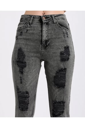 Kadın Yüksek Bel Power Likralı Mom Jean Gri / 34