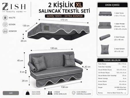 2 Kişilik Bahçe Balkon Salıncağı Tekstil Seti 140x45x8 Cm Minder Ölçüsü Oturak Sırt Minderi ve Tente Takımı Gri, Metal iskelet dahil değildir