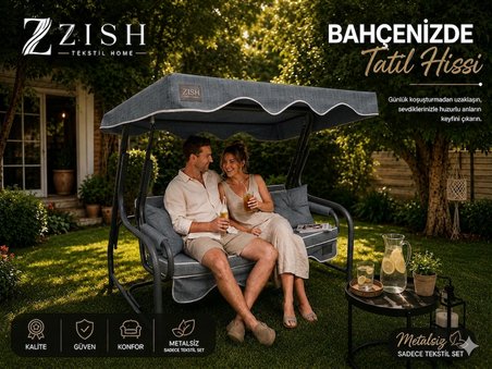2 Kişilik Bahçe Balkon Salıncağı Tekstil Seti 140x45x8 Cm Minder Ölçüsü Oturak Sırt Minderi ve Tente Takımı Gri, Metal iskelet dahil değildir