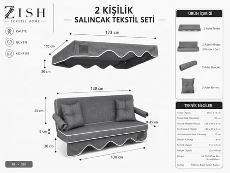 2 Kişilik Bahçe Balkon Salıncağı Tekstil Seti 130x45x8 Cm Minder Ölçüsü Oturak Sırt Minderi ve Tente Takımı Gri, Metal iskelet dahil değildir