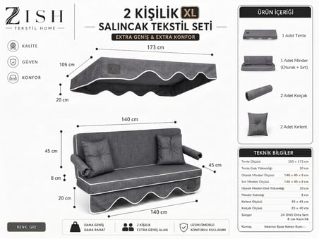 Zish Home ALTALENO Gri 2 Kişilik 140×45 cm Süngerli Bahçe Balkon Salıncak Minderi | Yıkanabilir Kılıflı, Tenteli Keten Kumaş Tekstil Seti | 24 DNS 8 cm Orta Sert Sünger