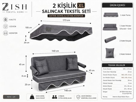2 Kişilik Bahçe Balkon Salıncak Minderi Takımı | Yıkanabilir Fermuarlı Kılıflı Tekstil Seti | 24 DNS 8 cm Sünger | Oturak Minderi, Sırt Minderi, Tente, 2 Kolçak ve 2 Kırlent | 140×45×8 cm
