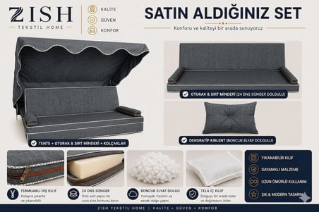 Zish Home ALTALENO Gri 3 Kişilik 150×48 cm Süngerli Bahçe Balkon Salıncak Minderi | Yıkanabilir Kılıflı, Tenteli Keten Kumaş Tekstil Seti | 24 DNS 8 cm Orta Sert Sünger