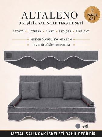 Zish Home ALTALENO Gri 3 Kişilik 150×48 cm Süngerli Bahçe Balkon Salıncak Minderi | Yıkanabilir Kılıflı, Tenteli Keten Kumaş Tekstil Seti | 24 DNS 8 cm Orta Sert Sünger