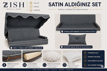 3 Kişilik Bahçe Balkon Salıncağı Tekstil Seti 150x48x8 Cm Minder Ölçüsü Oturak Sırt Minderi ve Tente Takımı Gri, Metal iskelet dahil değildir
