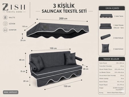 3 Kişilik Bahçe Balkon Salıncağı Tekstil Seti 150x48x8 Cm Minder Ölçüsü Oturak Sırt Minderi ve Tente Takımı Gri, Metal iskelet dahil değildir