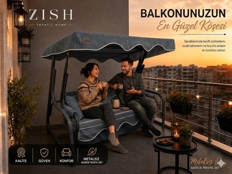 3 Kişilik Bahçe Balkon Salıncağı Tekstil Seti 150x48x8 Cm Minder Ölçüsü Oturak Sırt Minderi ve Tente Takımı Gri, Metal iskelet dahil değildir