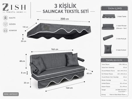 Zish Home ALTALENO Gri 3 Kişilik 164×48 cm Süngerli Bahçe Balkon Salıncak Minderi | Yıkanabilir Kılıflı, Tenteli Keten Kumaş Tekstil Seti | 24 DNS 8 cm Orta Sert Sünger