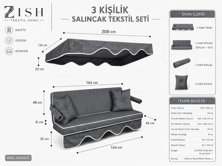  3 Kişilik Bahçe Balkon Salıncağı Tekstil Seti 164x48x8 Cm Minder Ölçüsü Oturak Sırt Minderi ve Tente Takımı Gri, Metal iskelet dahil değildir