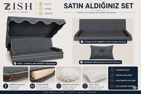  3 Kişilik Bahçe Balkon Salıncağı Tekstil Seti 164x48x8 Cm Minder Ölçüsü Oturak Sırt Minderi ve Tente Takımı Gri, Metal iskelet dahil değildir