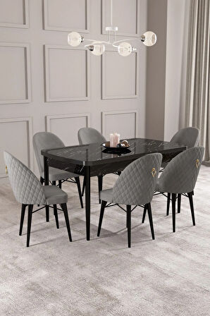 Arya Siyah Mermer Desen 80x132 MDF Açılabilir Mutfak Masası Takımı 6  Sandalye