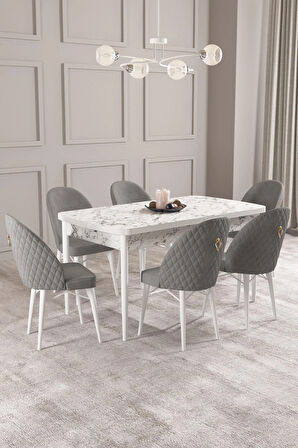 Arya Beyaz Mermer Desen 80x132 MDF Açılabilir Yemek Masası Takımı 6  Sandalye