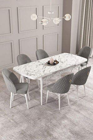 Arya Beyaz Mermer Desen 80x132 MDF Açılabilir Yemek Masası Takımı 6  Sandalye
