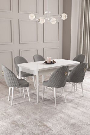 Calvin Beyaz 80x132 Açılabilir Mdf Masa Yemek Odası Takımı, Mutfak Takımı 6 Adet Sandalye