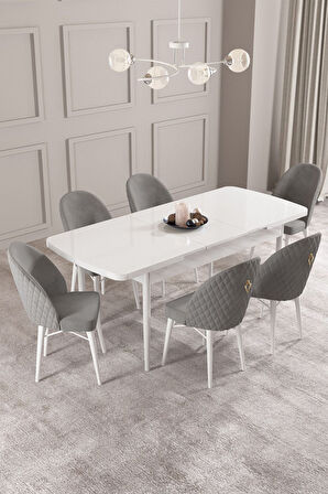 Calvin Beyaz 80x132 Açılabilir Mdf Masa Yemek Odası Takımı, Mutfak Takımı 6 Adet Sandalye