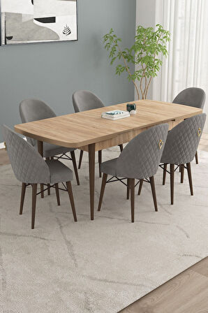 Calvin Meşe Desen 80x132 Açılabilir Mdf Masa Yemek Odası Takımı, Mutfak Takımı 6 Adet Sandalye