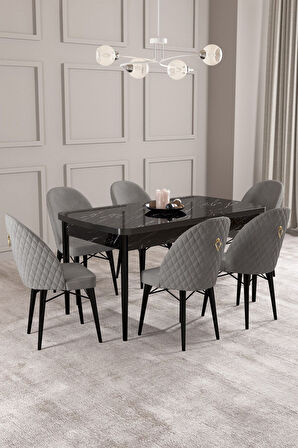 ​​​​​​​Calvin Siyah Mermer Desen 80x132 Açılabilir Mdf Masa Yemek Odası Takımı, Mutfak Takımı 6 Adet