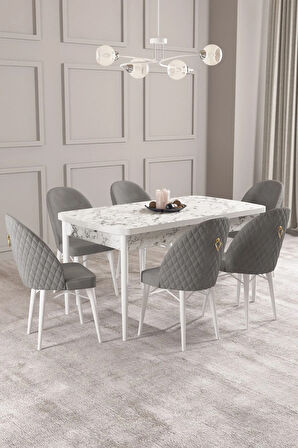 Calvin Beyaz Mermer Desen 80x132 MDF Açılabilir Mutfak Masası Takımı 6  Sandalye