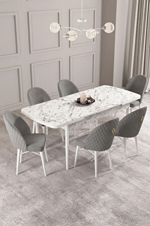 Calvin Beyaz Mermer Desen 80x132 MDF Açılabilir Mutfak Masası Takımı 6  Sandalye