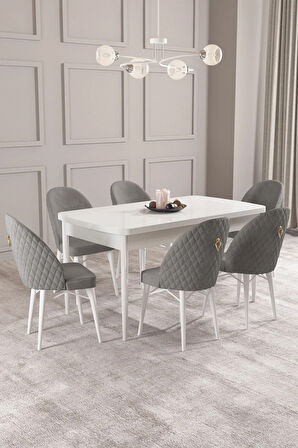 Calvin Beyaz 80x132 MDF Açılabilir Mutfak Masası Takımı 6  Sandalye