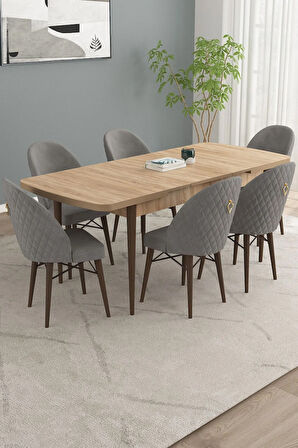 Calvin Meşe Desen 80x132 MDF Açılabilir Mutfak Masası Takımı 6  Sandalye