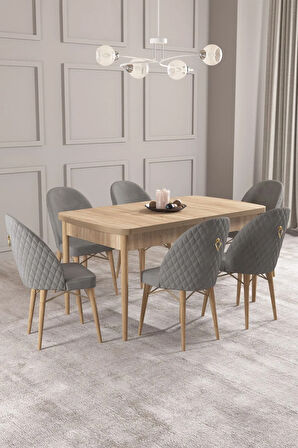 Calvin Meşe Desen 80x132 MDF Açılabilir Mutfak Masası Takımı 6  Sandalye
