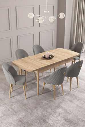 Calvin Meşe Desen 80x132 MDF Açılabilir Mutfak Masası Takımı 6  Sandalye