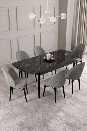 Calvin Siyah Mermer Desen 80x132 MDF Açılabilir Mutfak Masası Takımı 6  Sandalye