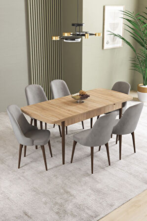 Ikon Meşe Desen 80x132 Açılabilir Mdf Masa Yemek Odası Takımı, Mutfak Takımı 6 Adet Sandalye
