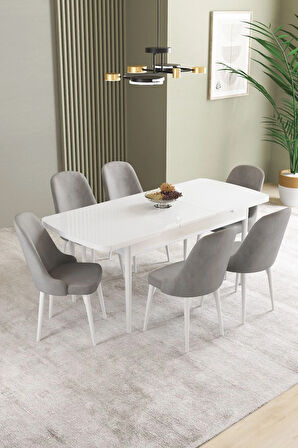 Ikon Beyaz 80x132 MDF Açılabilir Mutfak Masası Takımı 6  Sandalye