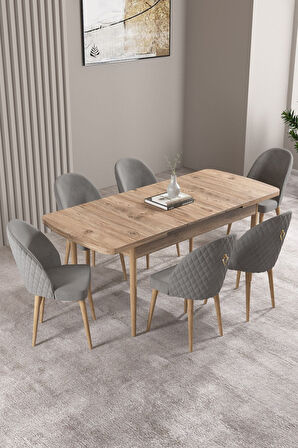 Milas Atlantik Çam 80x132 Açılabilir Mdf Masa Yemek Odası Takımı, Mutfak Takımı 6 Adet Sandalye