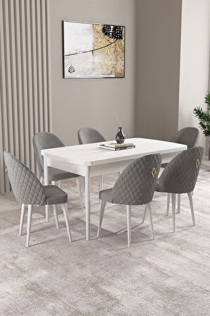 Milas Beyaz 80x132 Açılabilir Mdf Masa Yemek Odası Takımı, Mutfak Takımı 6 Adet Sandalye