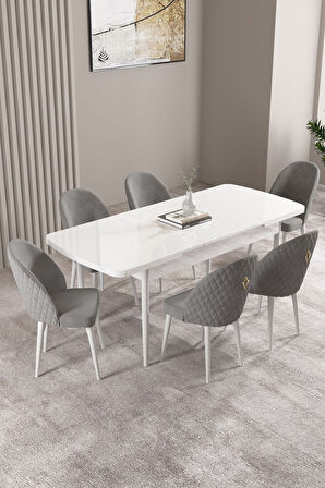 Milas Beyaz 80x132 Açılabilir Mdf Masa Yemek Odası Takımı, Mutfak Takımı 6 Adet Sandalye