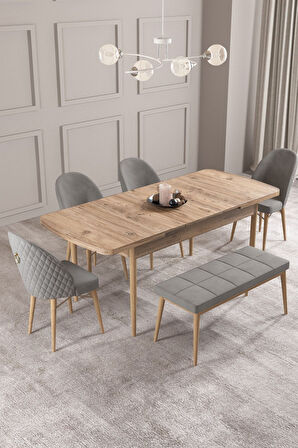 Calvin Atlantik 80x132 Açılabilir Mdf Masa Yemek Odası Takımı, Mutfak Takımı 4 Sandalye, 1 Bench