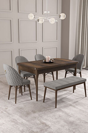 Calvin Barok 80x132 Açılabilir Mdf Masa Yemek Odası Takımı, Mutfak Takımı 4 Sandalye, 1 Bench