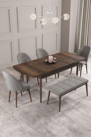 Calvin Barok 80x132 Açılabilir Mdf Masa Yemek Odası Takımı, Mutfak Takımı 4 Sandalye, 1 Bench
