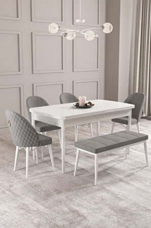 Calvin Beyaz 80x132 Açılabilir Mdf Masa Yemek Odası Takımı, Mutfak Takımı 4 Sandalye, 1 Bench