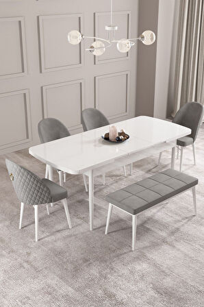 Calvin Beyaz 80x132 Açılabilir Mdf Masa Yemek Odası Takımı, Mutfak Takımı 4 Sandalye, 1 Bench