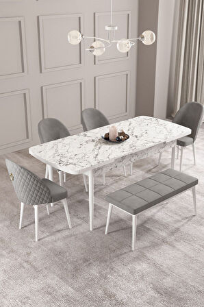 Calvin Beyaz Mermer 80x132 Açılabilir Mdf Masa Yemek Odası Takımı, Mutfak Takımı 4 Sandalye, 1 Bnch 