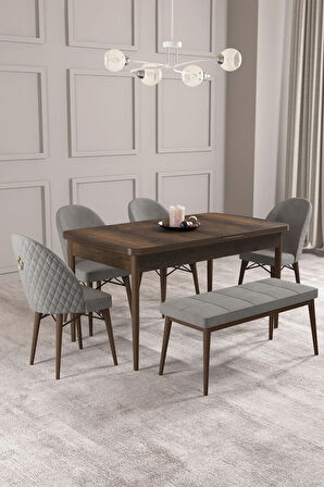 Calvin Barok Desen 80x132 MDF Açılabilir Mutfak Masası Takımı 4 Sandalye, 1 Bench