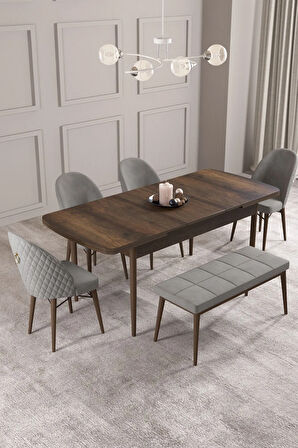 Calvin Barok Desen 80x132 MDF Açılabilir Mutfak Masası Takımı 4 Sandalye, 1 Bench
