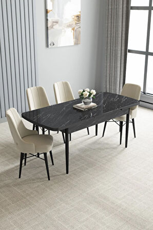 Calvin Beyaz Mermer Desen 80x132 MDF Açılabilir Mutfak Masası Takımı 4 Sandalye, 1 Bench