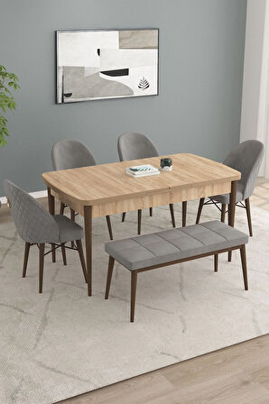 Calvin Meşe Desen 80x132 MDF Açılabilir Mutfak Masası Takımı 4 Sandalye, 1 Bench