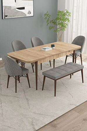 Calvin Meşe Desen 80x132 MDF Açılabilir Mutfak Masası Takımı 4 Sandalye, 1 Bench